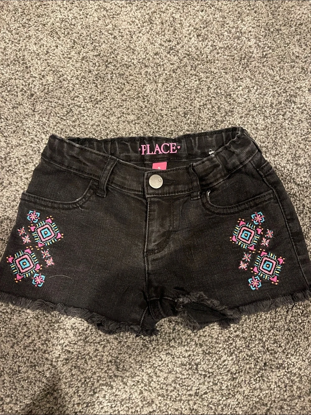 The Children's Place Black Denim Shorts with Pink & Teal Embroidery